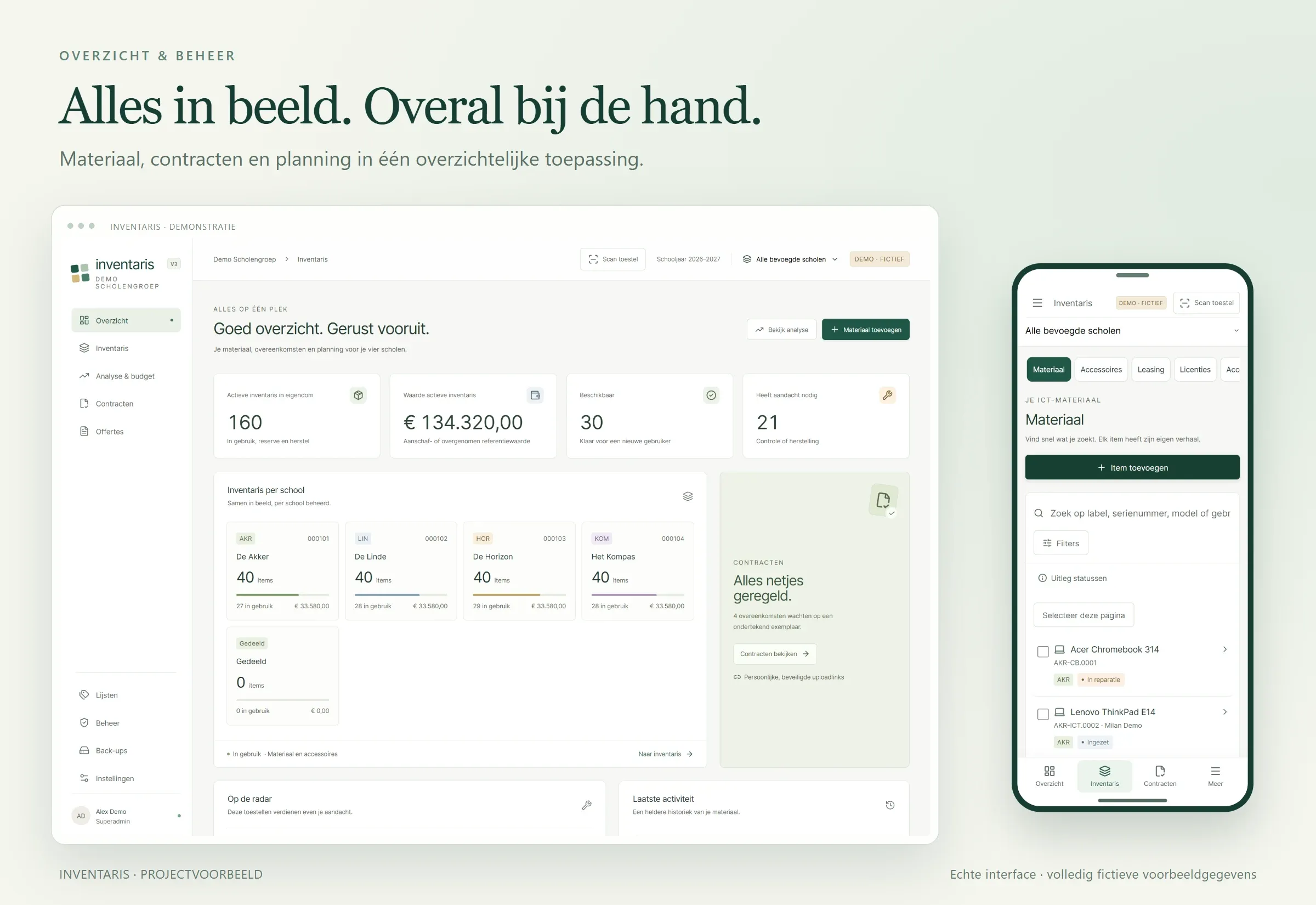 Zelfgebouwde inventarisapp met een desktopdashboard en mobiele weergave.